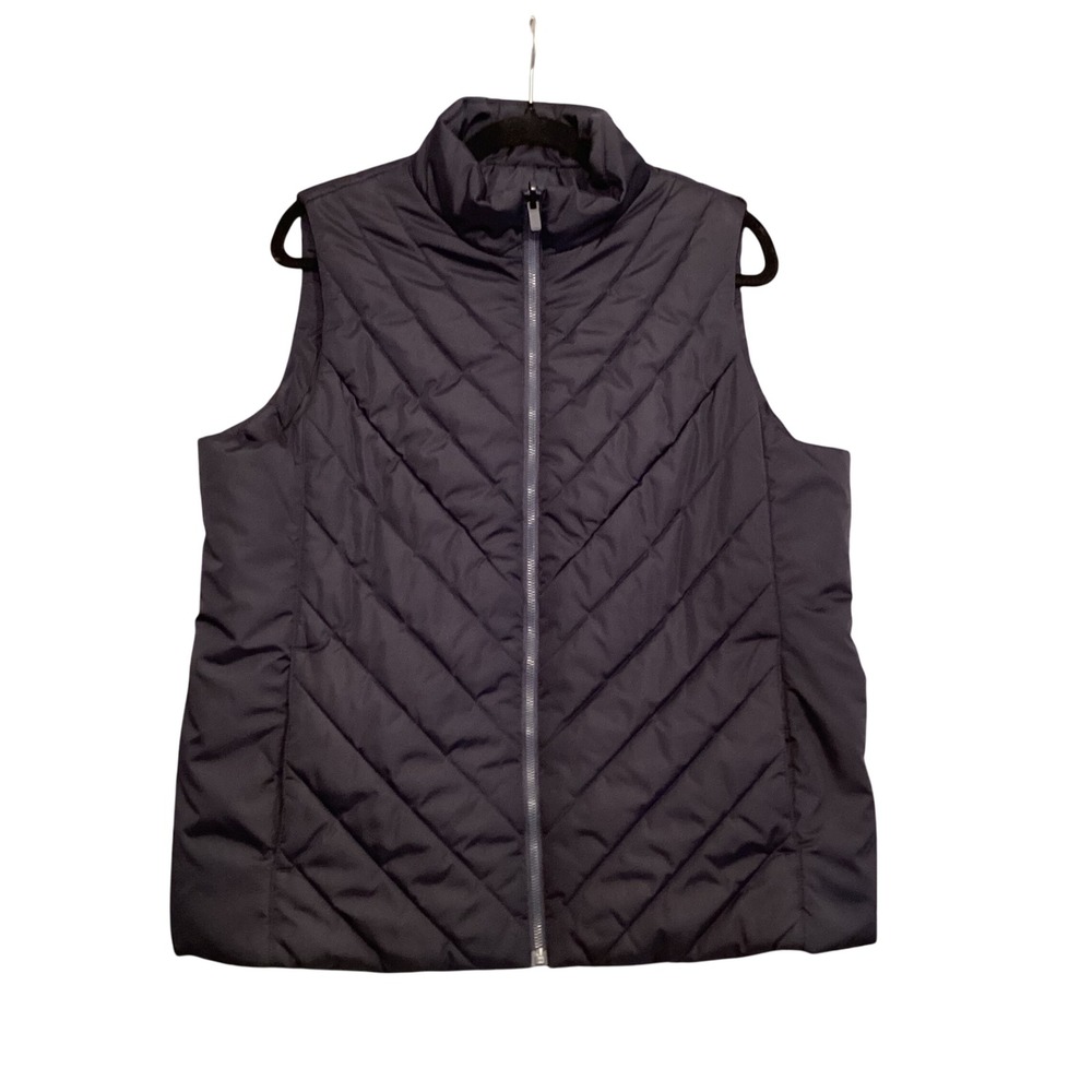 Lands End‎ Quilted Puffer Vest Womens Large Navy Blue Stand Collar Zip Front